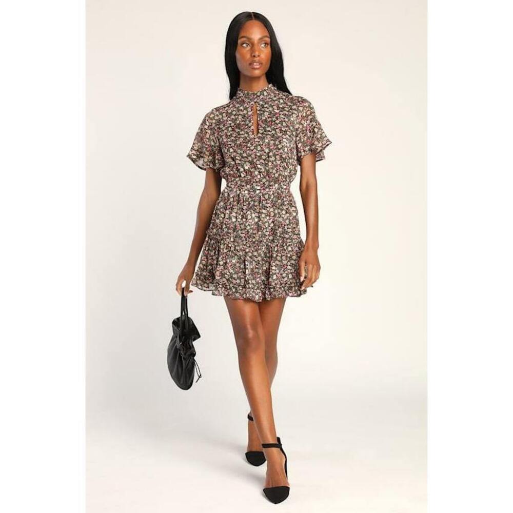 Lulus Always Inspired Black Floral Print Mock Neck Tiered Mini Dress - Size S